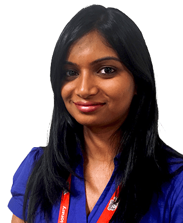 Woman with long black hair in blue shirt