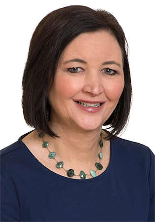 Woman with brown hair wearing a blue shirt.