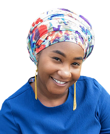 Naimah Saleem Smiling woman wearing a headscarf and earrings.