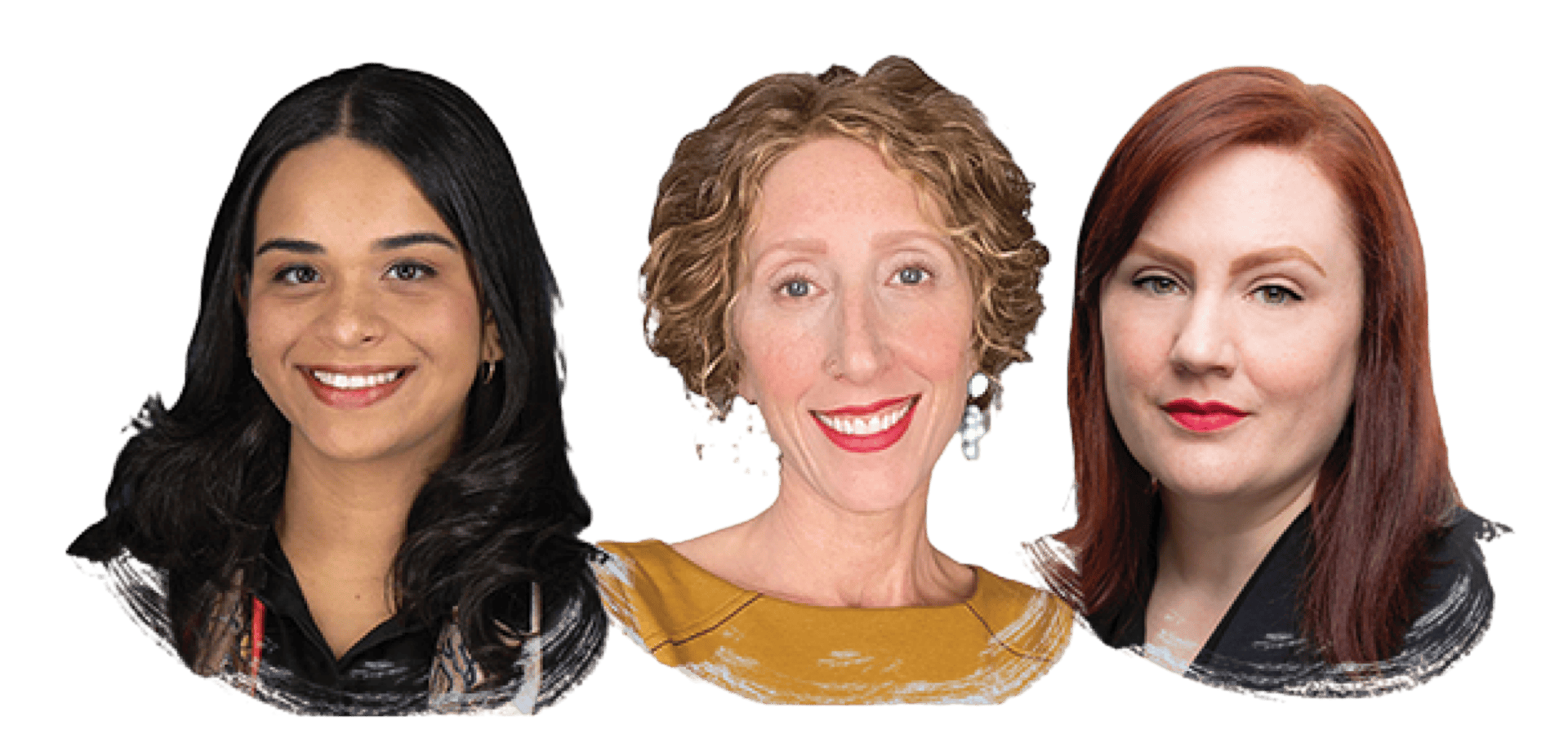 Three women smiling with diverse hairstyles.